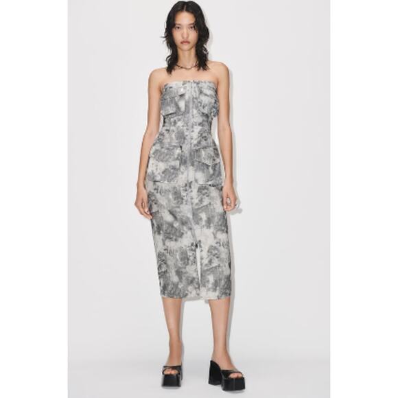Zara Grey Tie Dye Strapless Midi Dress Zip Front Cargo Dress Size Small - Picture 2 of 12
